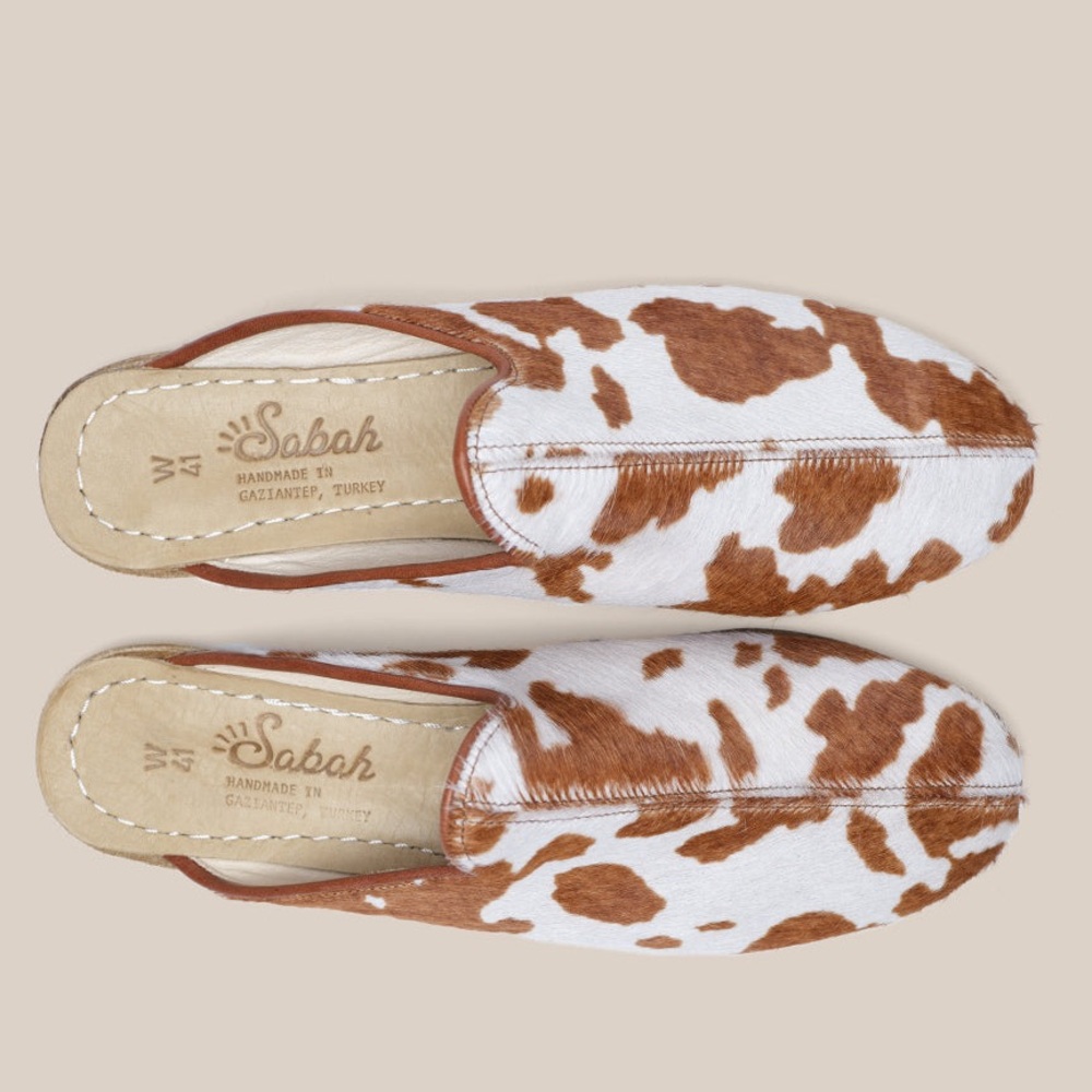 Sabah White Brown Cow Baba Slip On Mule Slides Genuine Leather Size 8 / 39